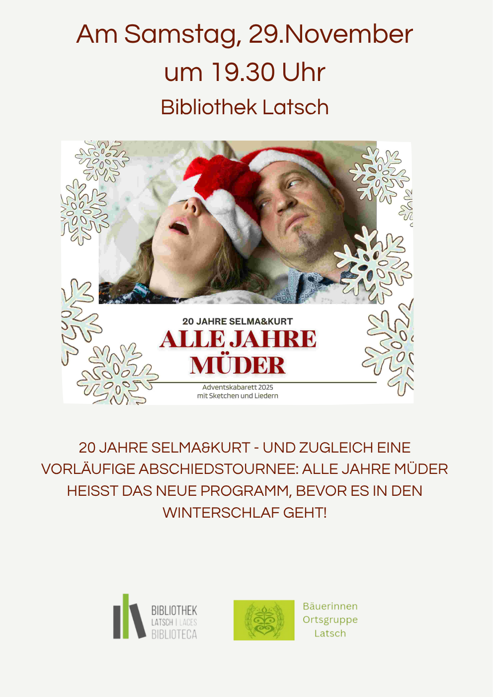 20 Jahre Selma&Kurt - und zugleich eine vorläufige Abschiedstournee ALLE JAHRE MÜDER heißt das neue Programm, bevor es in den Winterschlaf geht!.png
